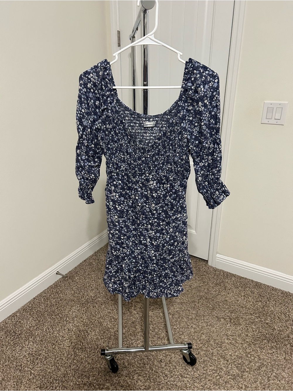 Hollister Navy Blue Floral Smocked Mini Dress